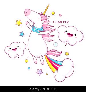 Carino unicorno che galleggia in aria e si allena con arcobaleno e fumo che esplode dal suo fondo. Cartoon farting unicorn e iscrizione posso volare. CAN Illustrazione Vettoriale