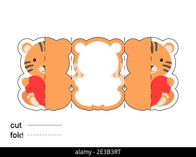 Carino tigre tenere cuore. Piegare il modello lungo del biglietto d'auguri. Ottimo per San Valentino, compleanni, acquazzoni per bambini. Schema colori stampabile Illustrazione Vettoriale