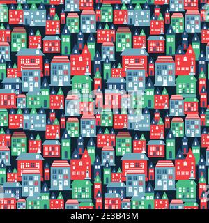 Antica città senza giunture motivo colore con vecchi edifici per carta da parati o sfondo design su blu. Illustrazione Vettoriale