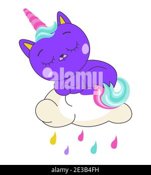 Unicorno gattino addormentato su nuvola con gocce di pioggia Illustrazione Vettoriale