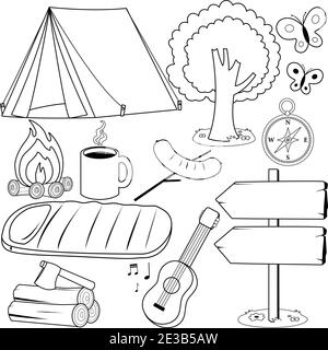 Collezione oggetti e attrezzature da campeggio. Pagina Vector per colorazione in bianco e nero Illustrazione Vettoriale