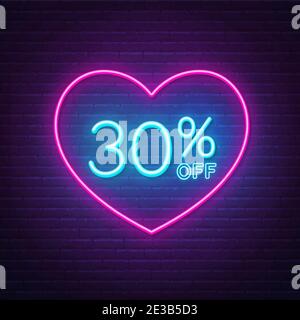 30% di sconto sul segnale al neon in una cornice a forma di cuore. Sconto di San Valentino illuminazione design . Illustrazione Vettoriale