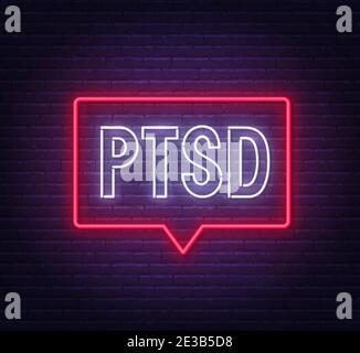 Cartello al neon PTSD su sfondo muro in mattoni . Illustrazione Vettoriale