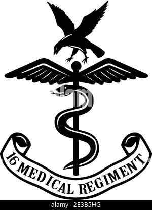 Illustrazione in stile retrò del badge o emblema di 16 Regiment medico che fornisce supporto medico dedicato a 16 Air Assault Brigade sull'isola Illustrazione Vettoriale