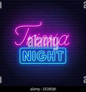 Cartello al neon di Trivia notte su un muro di mattoni . Illustrazione Vettoriale