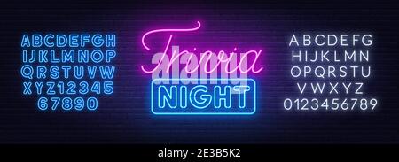 Cartello al neon di Trivia notte su un muro di mattoni. Alfabeti al neon bianchi e blu. Illustrazione Vettoriale