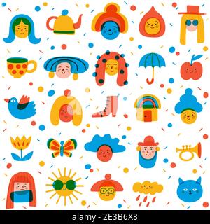 Sfondo senza cuciture con graziosi ritratti, avatar e simboli per il tessuto in un simpatico stile doodle art Illustrazione Vettoriale