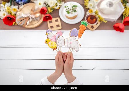 Composizione pasquale con pan di zenzero luminoso su bastoni in mani femminili. Il concetto di cucina per le vacanze di Pasqua. Foto Stock