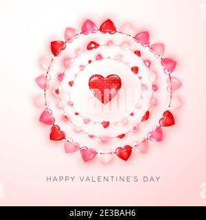 Biglietto d'auguri di San Valentino con testo e decorazione garland di cuori su sfondo rosa. Vettore Illustrazione Vettoriale