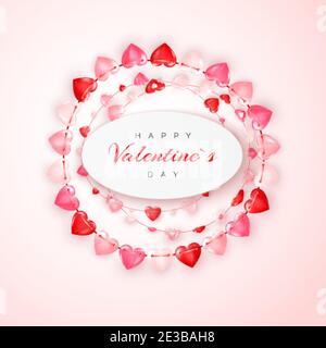 Cerchio decorazione ghirlanda di cuori rossi e rosa. Biglietto d'auguri per San Valentino o banner. Vettore Illustrazione Vettoriale