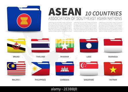 ASEAN . Associazione delle nazioni del Sud-est asiatico e membri . Progettazione di flag di cartella . Sfondo della mappa del Sud-est asiatico . Vettore . Illustrazione Vettoriale
