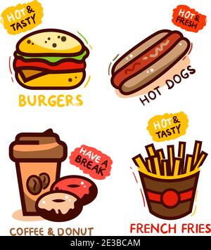 Set di etichette colorate per fast food, isolate su bianco. Illustrazione vettoriale. Illustrazione Vettoriale