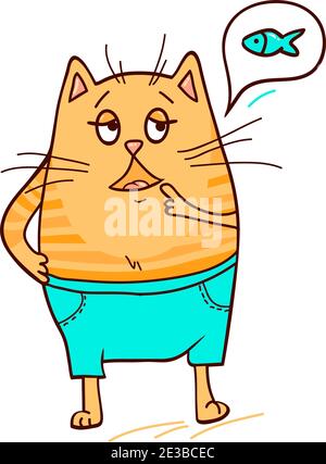 Carino gatto zenzero ha bisogno di un po 'di pesce. Illustrazione vettoriale. Illustrazione Vettoriale