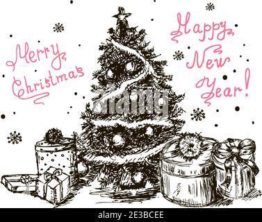 set d'annata natalizia disegnato a mano con alberi di natale decorati con palle, per il design natalizio Illustrazione Vettoriale