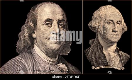 Ritratto dei presidenti degli Stati Uniti Benjamin Franklin e George Washington. Foto Stock