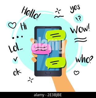 Telefono portatile. Notifica dei messaggi di chat su illustrazione vettoriale dello smartphone, fumetti SMS piatti sullo schermo del telefono cellulare. Illustrazione vettoriale Illustrazione Vettoriale