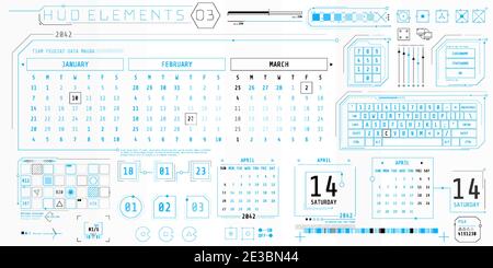 Una serie di elementi di calendari HUD per un'interfaccia futuristica. Illustrazione Vettoriale