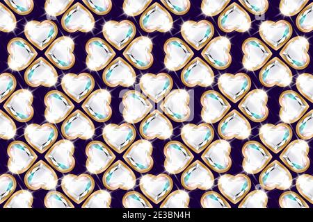 Modello senza cuciture con diamanti in forma di fiore in una cornice d'oro. Background per San Valentino, compleanno, Festa della Donna, anniversario. Sfondo scuro Illustrazione Vettoriale