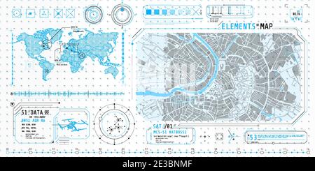 Una serie di elementi sottili sull'argomento Ricerca mappa. Illustrazione Vettoriale