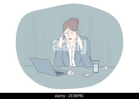 Concetto di stress, overwork, overload. Infelice depresso stressato giovane lavoratrice d'ufficio seduta con laptop toccare testa e sensazione stressata e ti Illustrazione Vettoriale