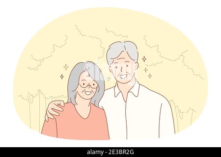 Concetto di vita attiva felice di coppia anziana. Ritratto di felice matura coppia pensionati donna e uomo in piedi abbracciando e lookin Illustrazione Vettoriale