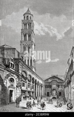 Vista della piazza della Cattedrale con la cattedrale, il campanile e il peristilio dell'antico palazzo di Diocleziano, Spalato, Croazia, Europa. Antica illustrazione dell'incisione viaggio in Istria e Dalmazia 1874 di Charles Yriarte Foto Stock