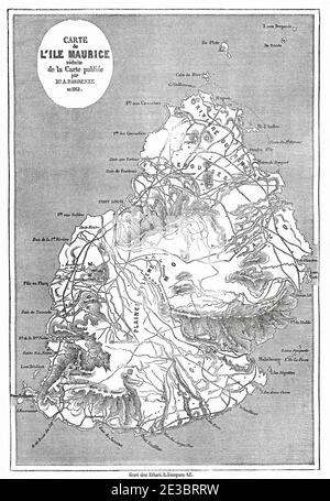 Vecchia mappa dell'isola di Mauritius. Isole Mascarene Sud Africa, illustrazione incisa del XIX secolo, le Tour du Monde 1863 Foto Stock