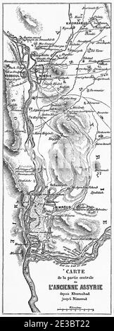 Mappa della parte centrale dell'antica Assiria. Antica illustrazione incisa del 19 ° secolo, le Tour du Monde 1863 Foto Stock