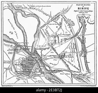 Mappa delle rovine di Ninive. Antica illustrazione incisa del 19 ° secolo, le Tour du Monde 1863 Foto Stock