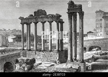 Tempio di Fortuna o Giunone moneta, Foro Romano, Roma. Italia, Europa. Viaggio a Roma di Francis Wey 19 ° secolo Foto Stock