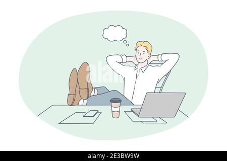 Lavoro in ufficio, moderno lavoratore aziendale, concetto di comunicazione online. Giovane uomo felice personaggio cartoon seduto sul posto di lavoro con computer portatile e caffè Illustrazione Vettoriale