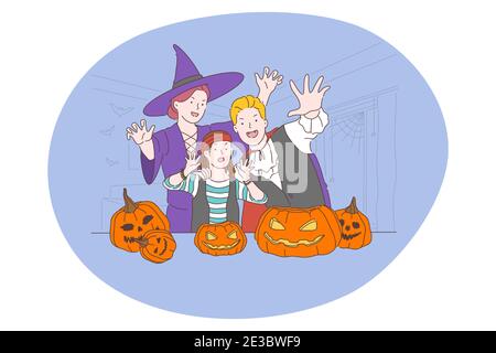 Festeggiando la festa di Halloween in concetto di costumi spooky. Giovane famiglia con bambino in costumi festosi spaventosi che celebrano il giorno di Halloween con molti tiri Illustrazione Vettoriale