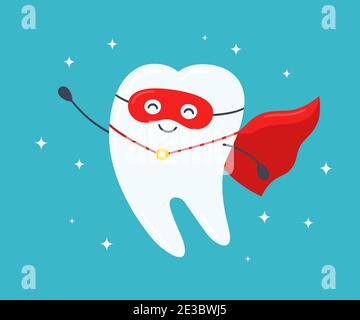 Dente supereroe. Dente sano felice in un mantello rosso. Illustrazione vettoriale Illustrazione Vettoriale