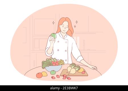 Nutrizionista, medico, professione in concetto di stile di vita sano. Giovane donna sorridente nutrizionista professionista in uniforme con verdure fresche e fruttiferi Illustrazione Vettoriale