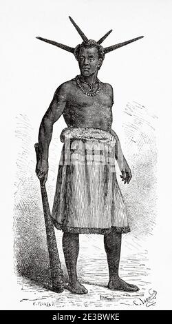 Rua indigeno che visita il territorio di Ujiji. Africa centrale. Viaggio verso l'Africa inesplorata, il misterioso continente di Henry Morton Stanley. Illustrazione incisa del 19 ° secolo, El Mundo Ilustrado 1880 Foto Stock