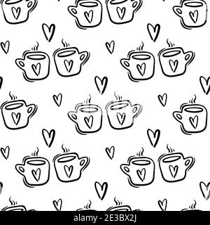 Tema del giorno di San Valentino doodle Vector modello senza giunture di disegno a mano due tazze di tè di caffè a forma di cuore Illustrazione Vettoriale