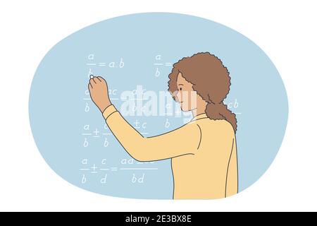 Studiare a scuola, alunno, apprendimento. Giovane ragazza curly cartoon personaggio in piedi e risolvere equazione in matematica sulla lavagna in classe durin Illustrazione Vettoriale