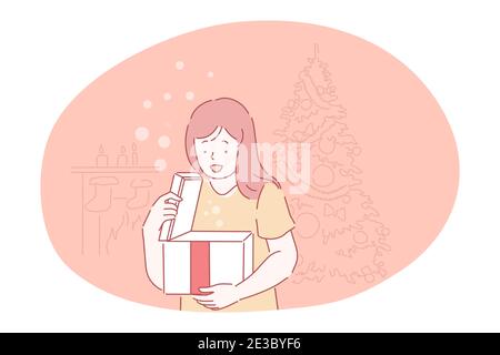 Regalo di Natale, regalo, celebrazione di Capodanno e concetto di vacanze invernali. Piccolo personaggio cartoon ragazza in piedi sensazione di sorpresa apertura scatola con Illustrazione Vettoriale