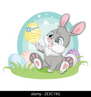 Carino personaggio grigio bunny ammirando l'uovo di Pasqua. Illustrazione colorata isolata su sfondo bianco. Cartone animato coniglio concetto di pasqua per pri Illustrazione Vettoriale