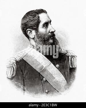 Center Andres Avelino Caceres Dorregaray (Ayacucho 1833 – Lima 1923) è stato un uomo militare peruviano e politico che combatté nella guerra del Pacifico e fu presidente costituzionale del Perù. È il patrono dell'arma di fanteria dell'esercito peruviano. Da la Ilustracion Española y americana 1895 Foto Stock