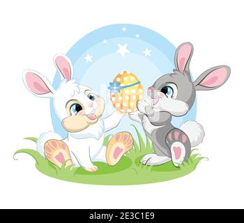 Graziosi coniglietti bianchi e grigi che ammirano l'uovo di Pasqua. Illustrazione colorata isolata su sfondo bianco. Cartone animato personaggio coniglio concetto di pasqua per p Illustrazione Vettoriale