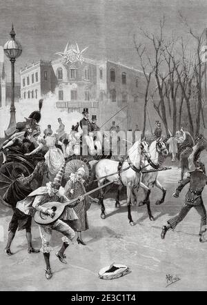 Carnevali e divertimento sul Paseo del Prado a Madrid, illustrazione del XIX secolo di Manuel Picolo y López (Murcia 1855 - 1912) pittore e illustratore spagnolo, Spagna. Antico XIX secolo inciso illustrazione da la Ilustracion Española y americana 1890 Foto Stock