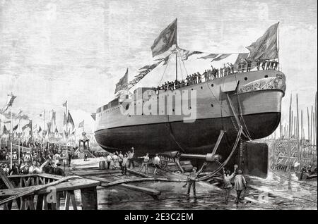 Lancio dell'incrociatore corazzato della Marina spagnola Infanta María Teresa a Nervion, Bilbao, il 30 agosto 1890. Fu il fiore all'occhiello della squadra dell'ammiraglio Cervera durante la guerra di Cub, affondata a Santiago de Cuba nel 1898 durante la battaglia navale di Santiago de Cuba, Spagna. Antico XIX secolo inciso illustrazione da la Ilustracion Española y americana 1890 Foto Stock