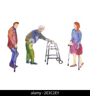 Illustrazione di acquerello disegnata a mano. Disabili e anziani. Persone con disabilità su stampelle e sedia a rotelle. Foto Stock