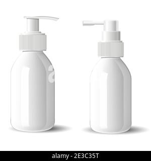 Mockup della bottiglia della pompa. Spray cosmetico flacone in vetro bianco. Contenitore lucido per siero di bellezza con dispenser a pompa su fondo bianco. foundation cream pac Illustrazione Vettoriale