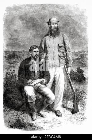 Ritratto del Capitano Grant e del Capitano Speke esplorando il continente africano, Africa. Antico XIX secolo inciso da le Tour du Monde 1864 Foto Stock