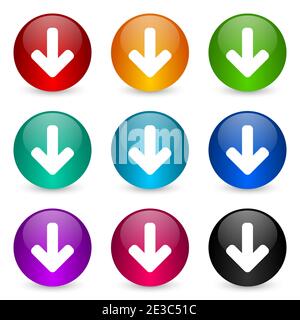Freccia in basso, set di icone per il download, pulsanti colorati con rendering 3d lucido in 9 opzioni di colore per applicazioni di webdesign e mobili Foto Stock