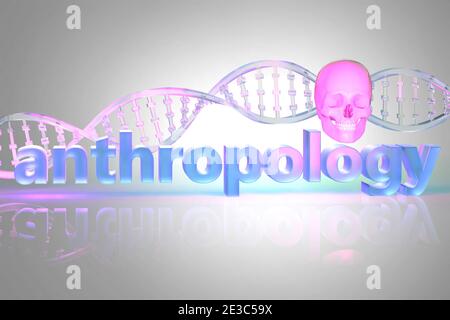 Word Antropologia con DNA e cranio umano rosa, illustrazione concettuale in 3d Foto Stock