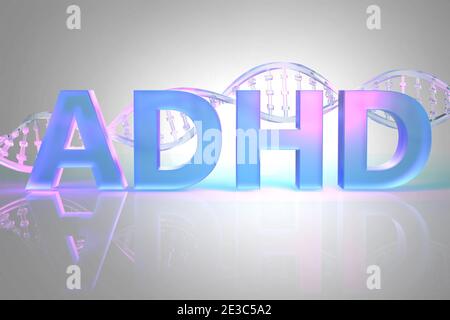 Parola ADHD e catena del DNA sullo sfondo. Il concetto di ereditabilità dell'ADHD e dei cambiamenti nei geni. illustrazione 3d Foto Stock