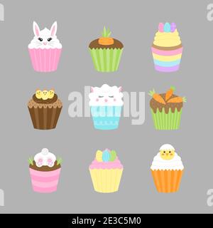 Pasqua, primavera cupcakes illustrazione vettore icona collezione. Vacanze, cupcake decorati di stagione con glassa. Personaggi a tema pasquale, caramelle e d Foto Stock